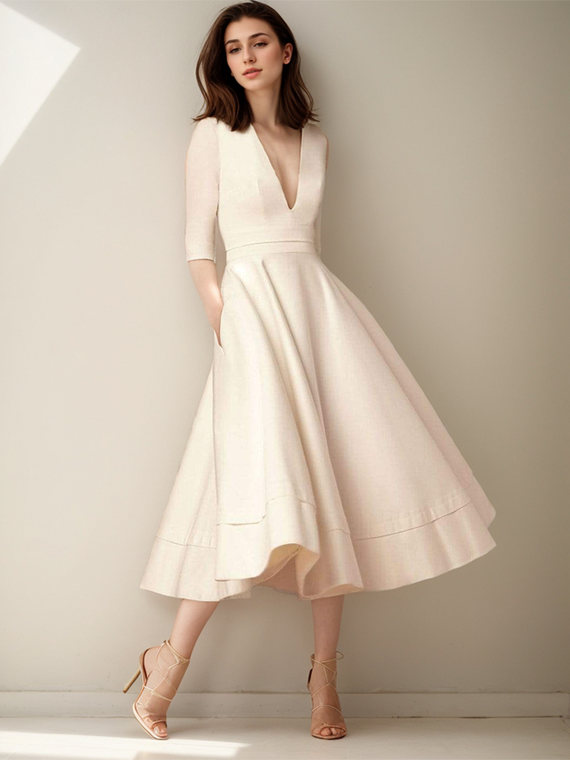 A-Line V Neck Sleeveless Homecoming Dress Satin Tea Length With Ruched