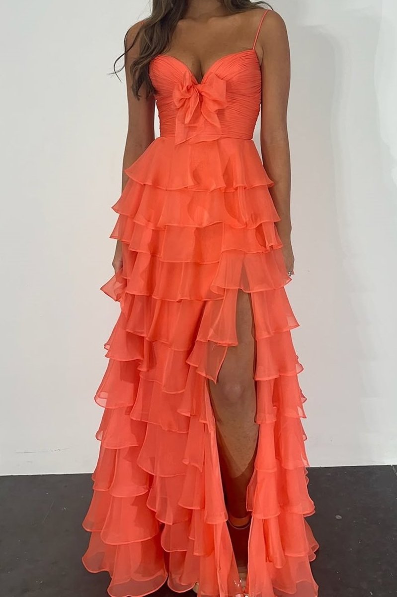 A Line Spaghetti Straps Yellow Long Prom Dresses with Ruffles Evening Dresses, product image 8