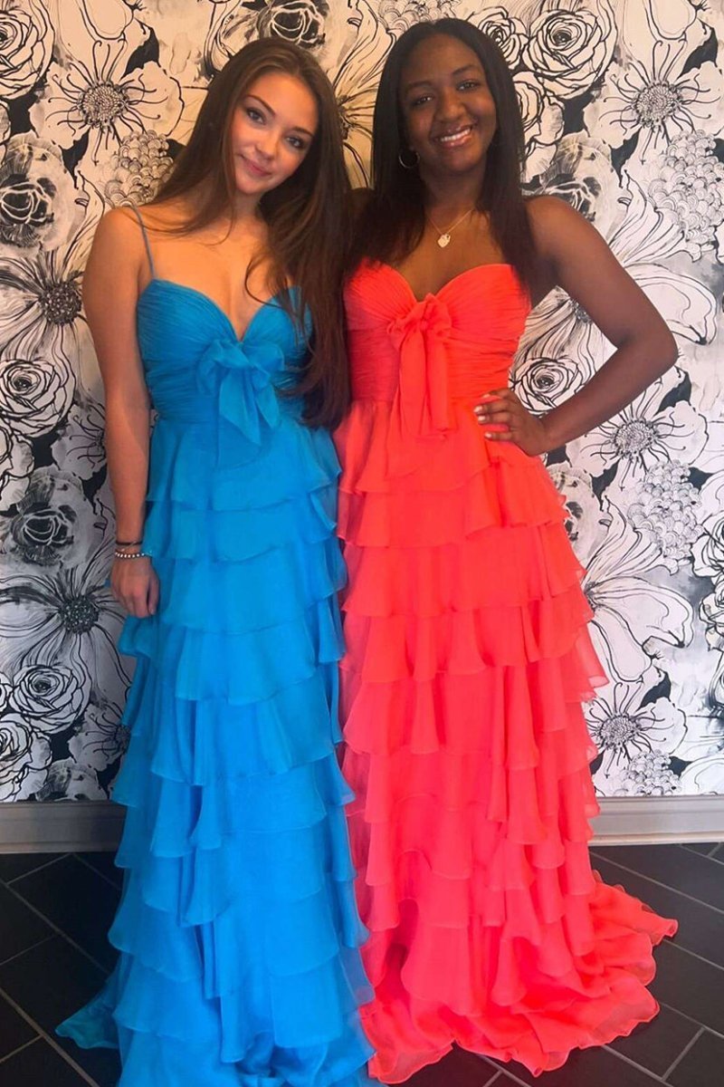 A Line Spaghetti Straps Yellow Long Prom Dresses with Ruffles Evening Dresses, product image 18