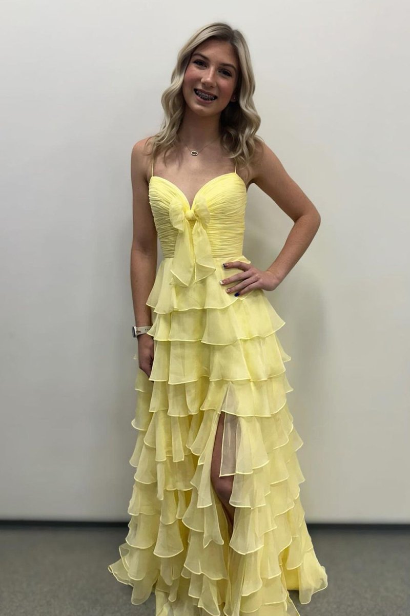 A Line Spaghetti Straps Yellow Long Prom Dresses with Ruffles Evening Dresses, product image 4