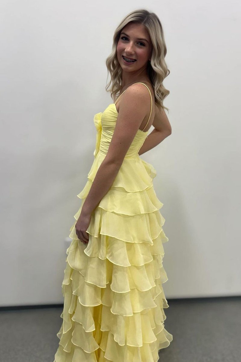 A Line Spaghetti Straps Yellow Long Prom Dresses with Ruffles Evening Dresses, product image 5