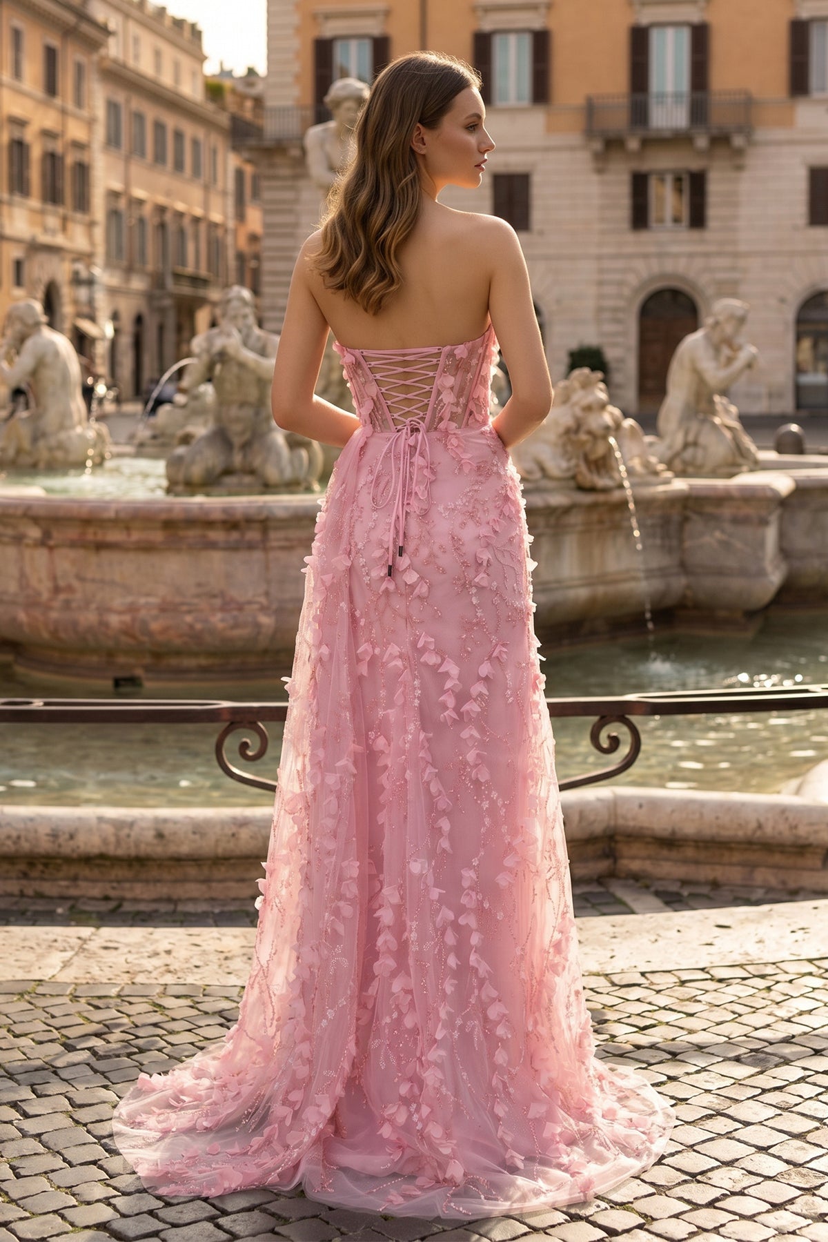 Pink Strapless 3D Floral High Slit Mermaid Long Prom Dresses Evening Dresses, product image 2