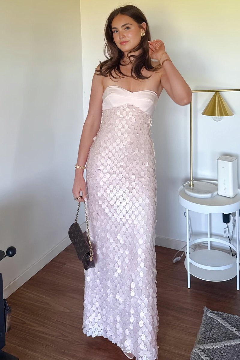 Pink Sheath Sweetheart Long Prom Dresses with Sequins Evening Dresses, product image 5