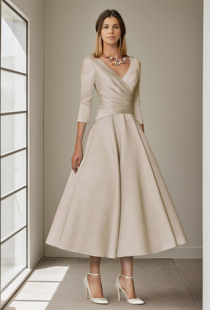 A-Line Mother of the Bride Dress Wedding Guest Elegant Vintage Plus Size V Neck Tea Length Satin 3/4 Length Sleeve Pleats