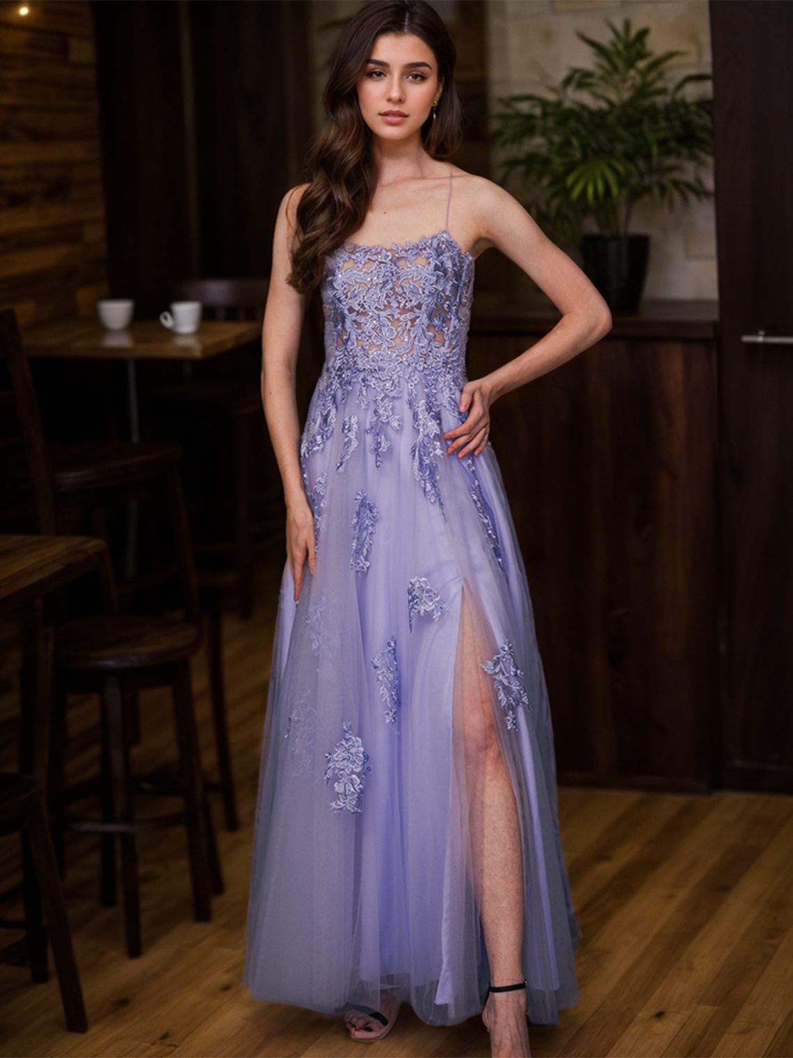 A-Line Evening Gown Quinceanera Prom Dress Slit Appliques Crystals 