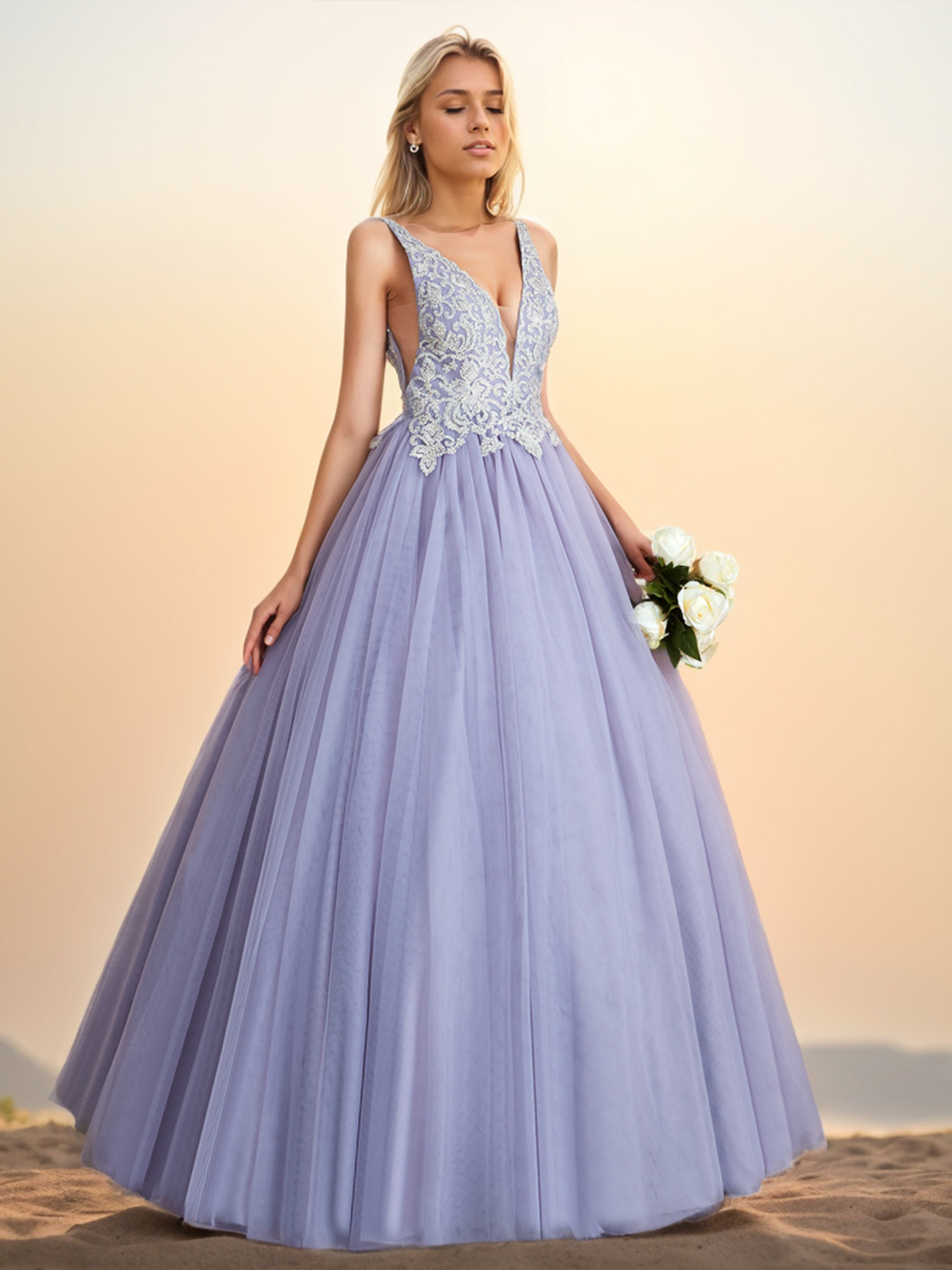 Ball Gown Evening Quinceanera Dress Prom Dres V Neck Tulle Beading