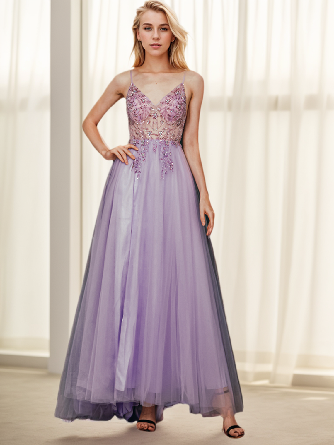 A-Line Sparkle Prom Gown Evening Dress Beading V Neck Floor Length