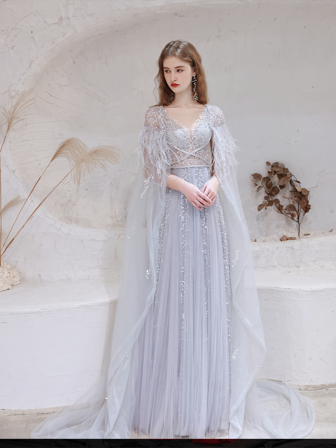 A-Line/Princess Glittering Evening Dress Prom Dress Sweep/Brush Train Feather Cape