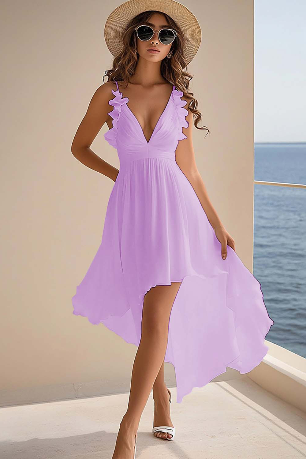 White Chiffon A Line V-Neck High-Low Rehearsal Dinner Dresses with Ruffles Wedding Dresses