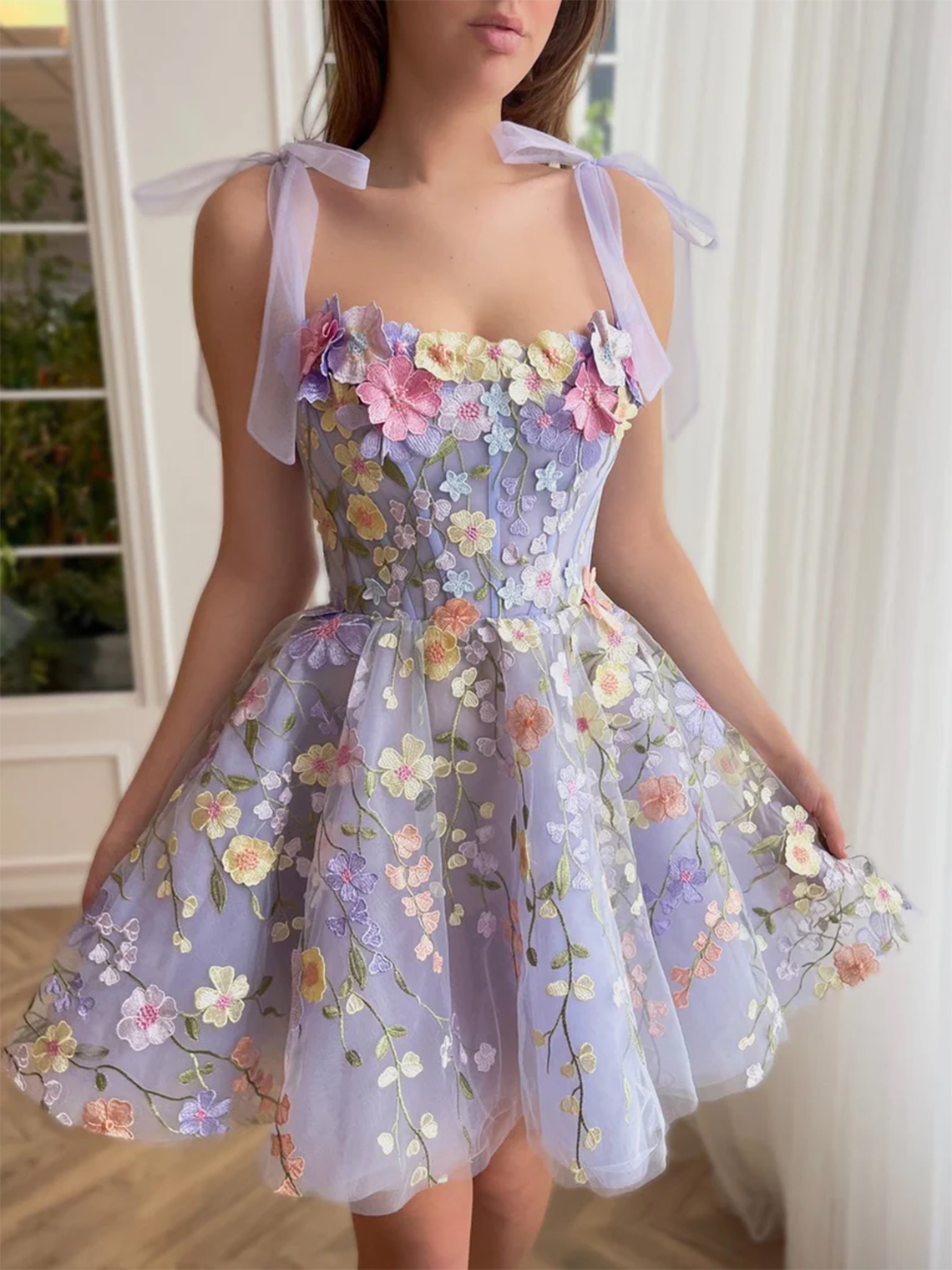 A-Line Lilac Short Homecoming Dress with Embroidered 3D Flowers