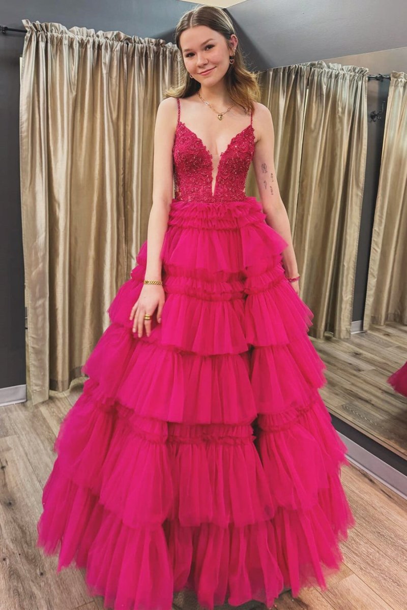 Black Beaded Spaghetti Strap Ruffle Tiered Ball Gown Evening Dresses