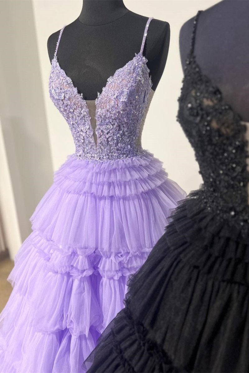 Black Beaded Spaghetti Strap Ruffle Tiered Ball Gown Evening Dresses