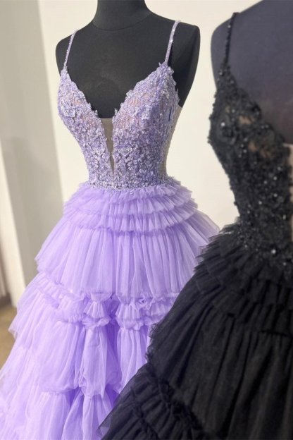 Black Beaded Spaghetti Strap Ruffle Tiered Ball Gown Evening Dresses
