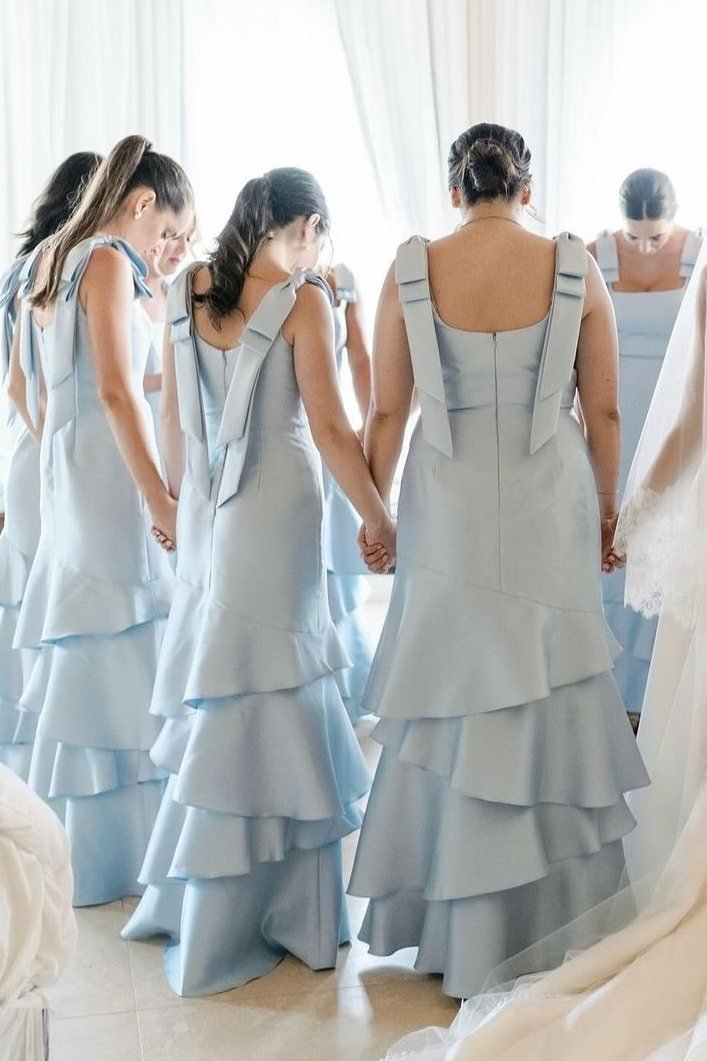 Light Blue Straps with Bows Mermaid Satin Tiered Long Bridesmaid Dresses