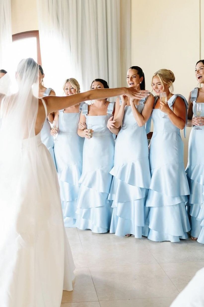 Light Blue Straps with Bows Mermaid Satin Tiered Long Bridesmaid Dresses