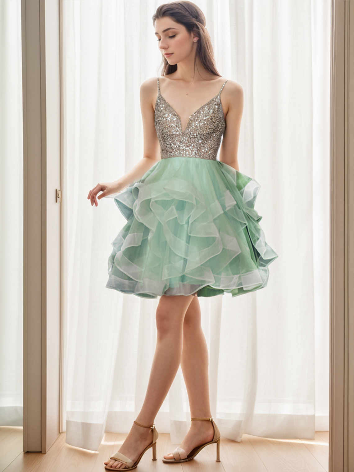 A-Line Glittering Homecoming Dresses Tiered Plisse Cocktail Party Dress
