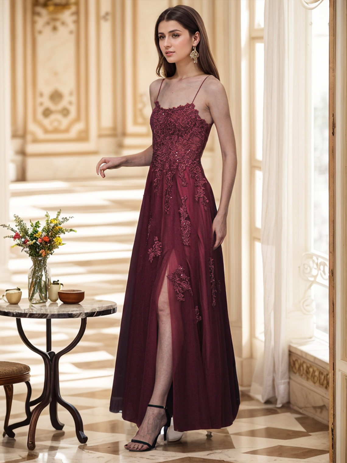 A-Line Evening Gown Quinceanera Prom Dress Slit Appliques Crystals 