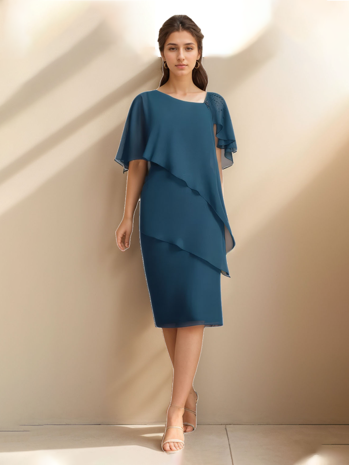 Sheath/Column Homecoming Dress Chiffon Short Sleeve with  Ruffles