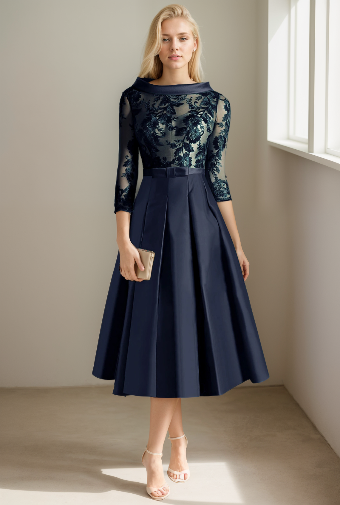 A-Line Cocktail Dress Formal Tea Length 3/4 Length Sleeve Jewel Neck Wedding Guest Satin Pleats Appliques