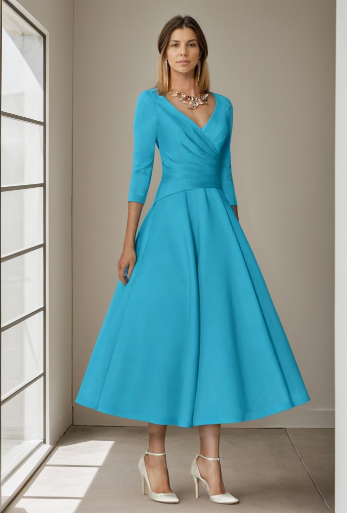 A-Line Mother of the Bride Dress Wedding Guest Elegant Vintage Plus Size V Neck Tea Length Satin 3/4 Length Sleeve Pleats