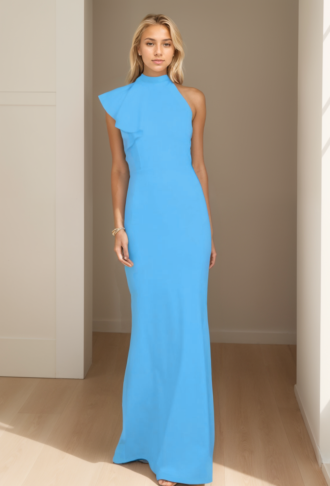 Sheath/Column Evening Gown Elegant Floor Length Sleeveless High Neck Stretch Satin Ruffles 
