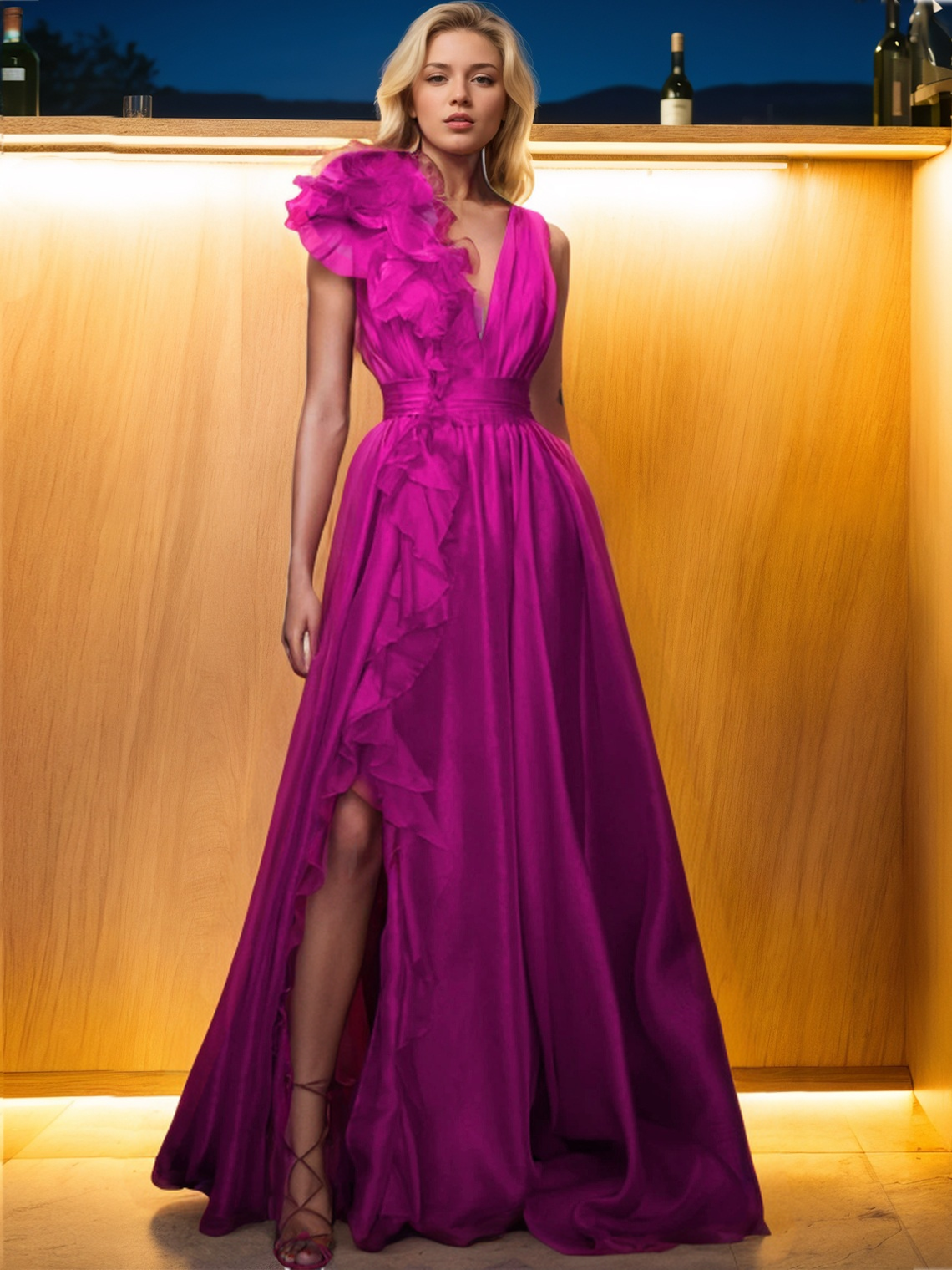 A-Line Evening Dress Formal Floor Length Sleeveless V Neck Prom Dress