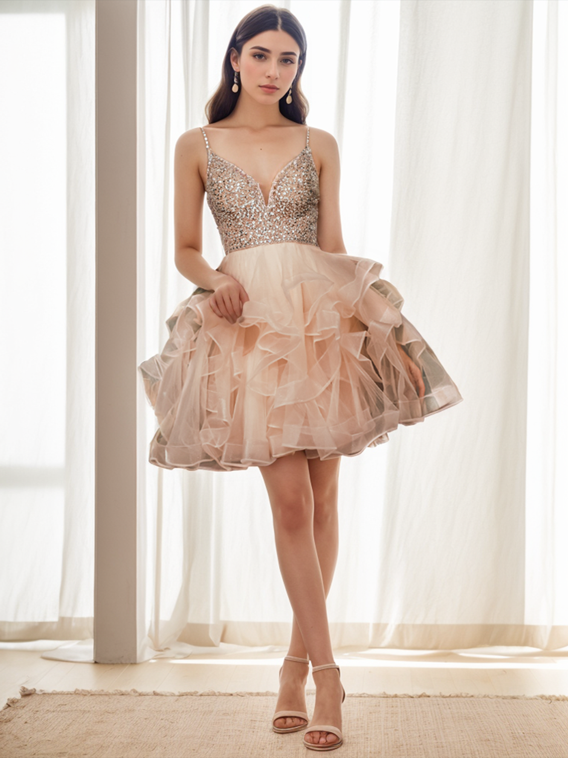 A-Line Glittering Homecoming Dresses Tiered Plisse Cocktail Party Dress