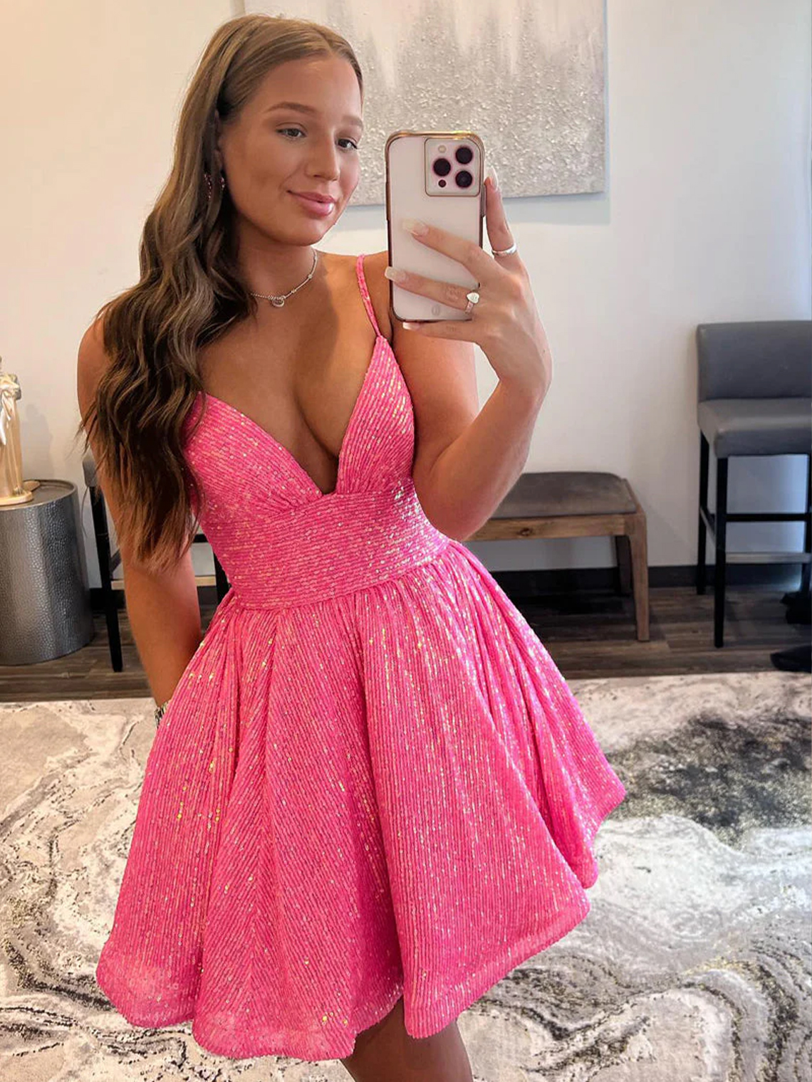 A-line Short/Mini V Neck Sequins Homecoming Dress