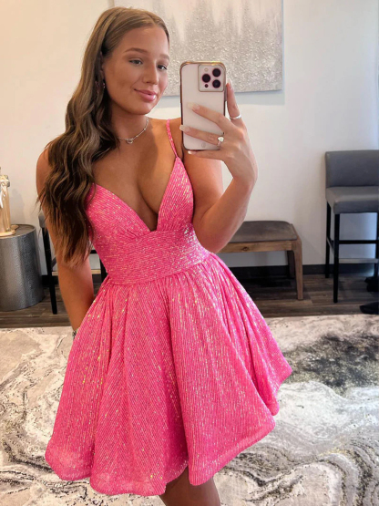 Dress A-line Short/Mini V Neck Sequins Homecoming Dress