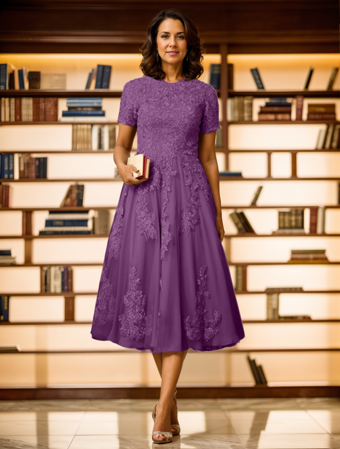 A-Line/Princess Elegant Tea Length Mother of the Bride Dresses with Appliques