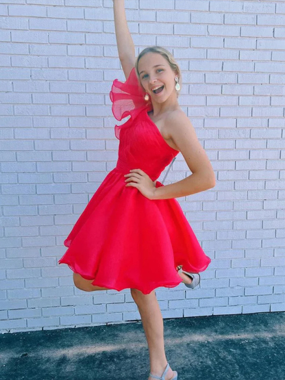 Dress One Shoulder White A Line Cute Homecoming Dress with Ruffles