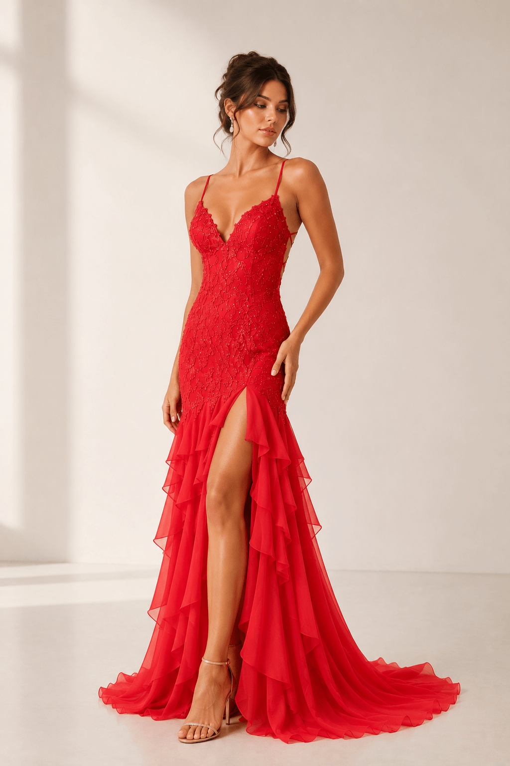 Yellow Spaghetti Straps Mermaid Lace Appliqued Prom Dresses With Ruffles Evening Dresses, product image 8