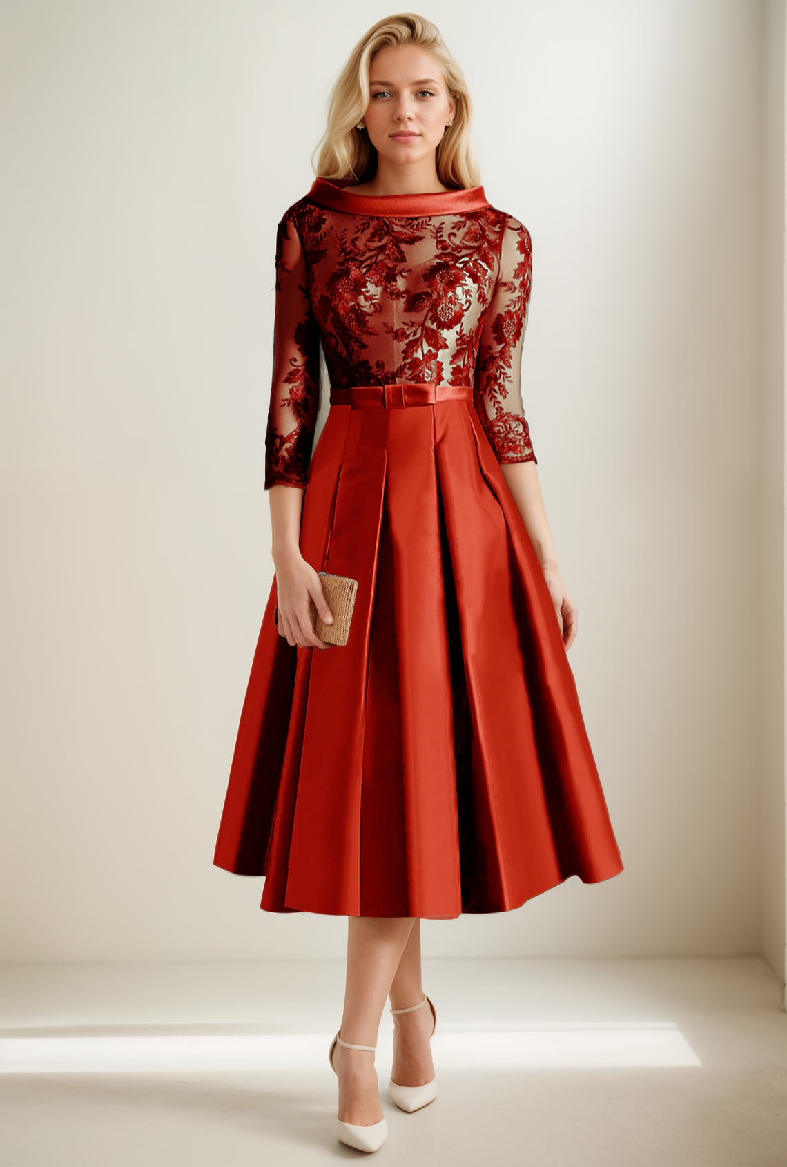 A-Line Cocktail Dress Formal Tea Length 3/4 Length Sleeve Jewel Neck Wedding Guest Satin Pleats Appliques