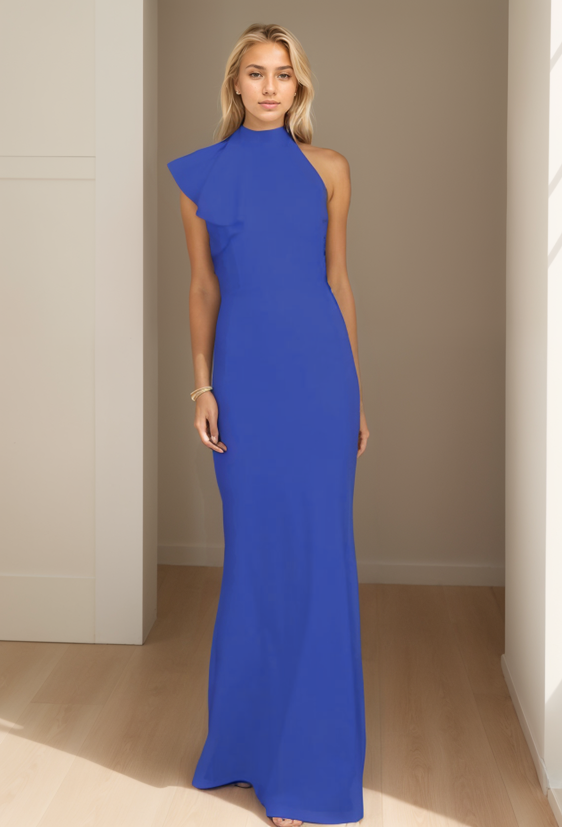 Sheath/Column Evening Gown Elegant Floor Length Sleeveless High Neck Stretch Satin Ruffles 