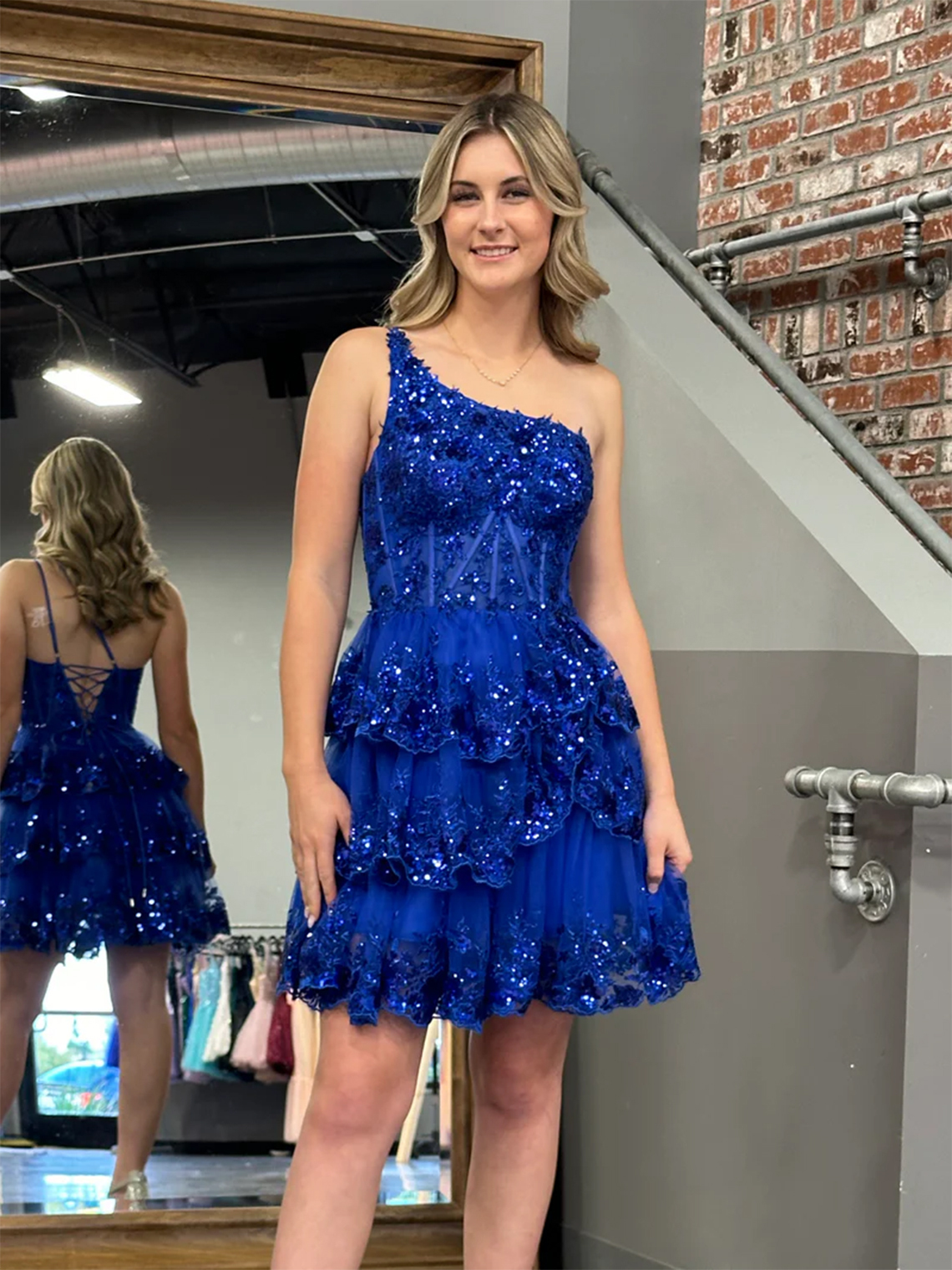 A-Line One Shoulder Navy Tiered Lace Short Homecoming Dress