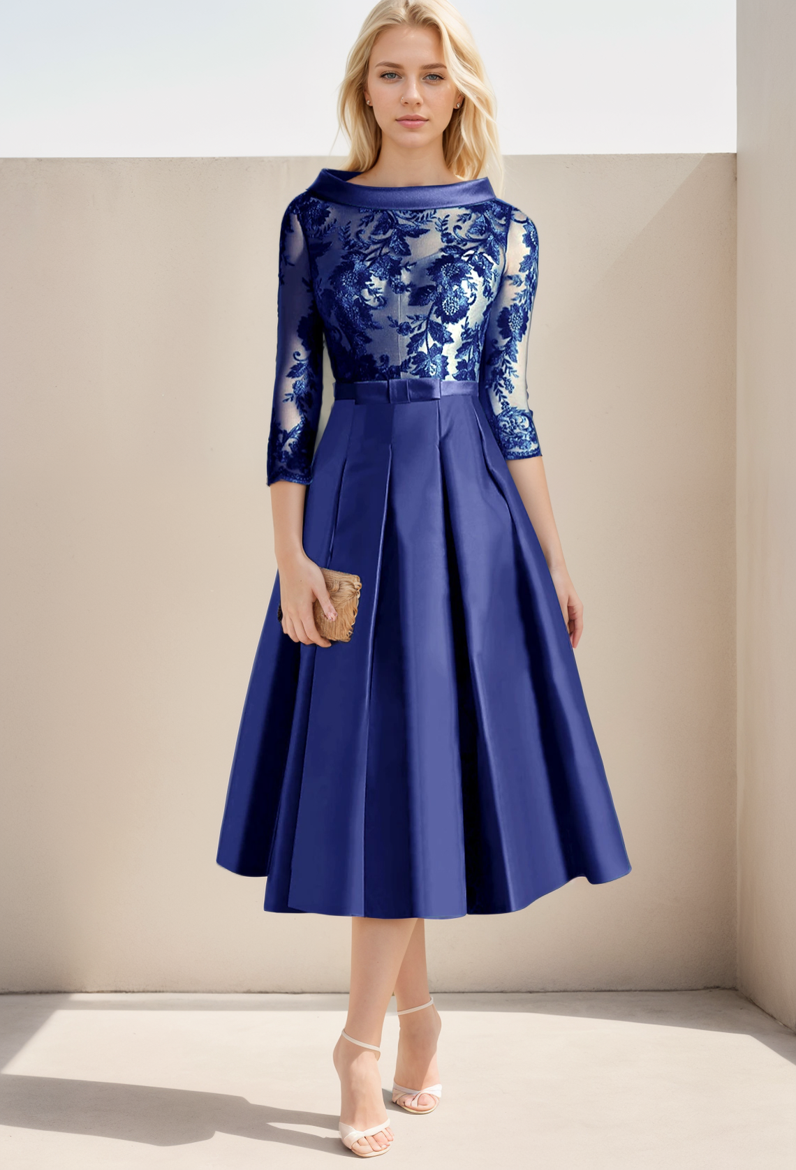 A-Line Cocktail Dress Formal Tea Length 3/4 Length Sleeve Jewel Neck Wedding Guest Satin Pleats Appliques