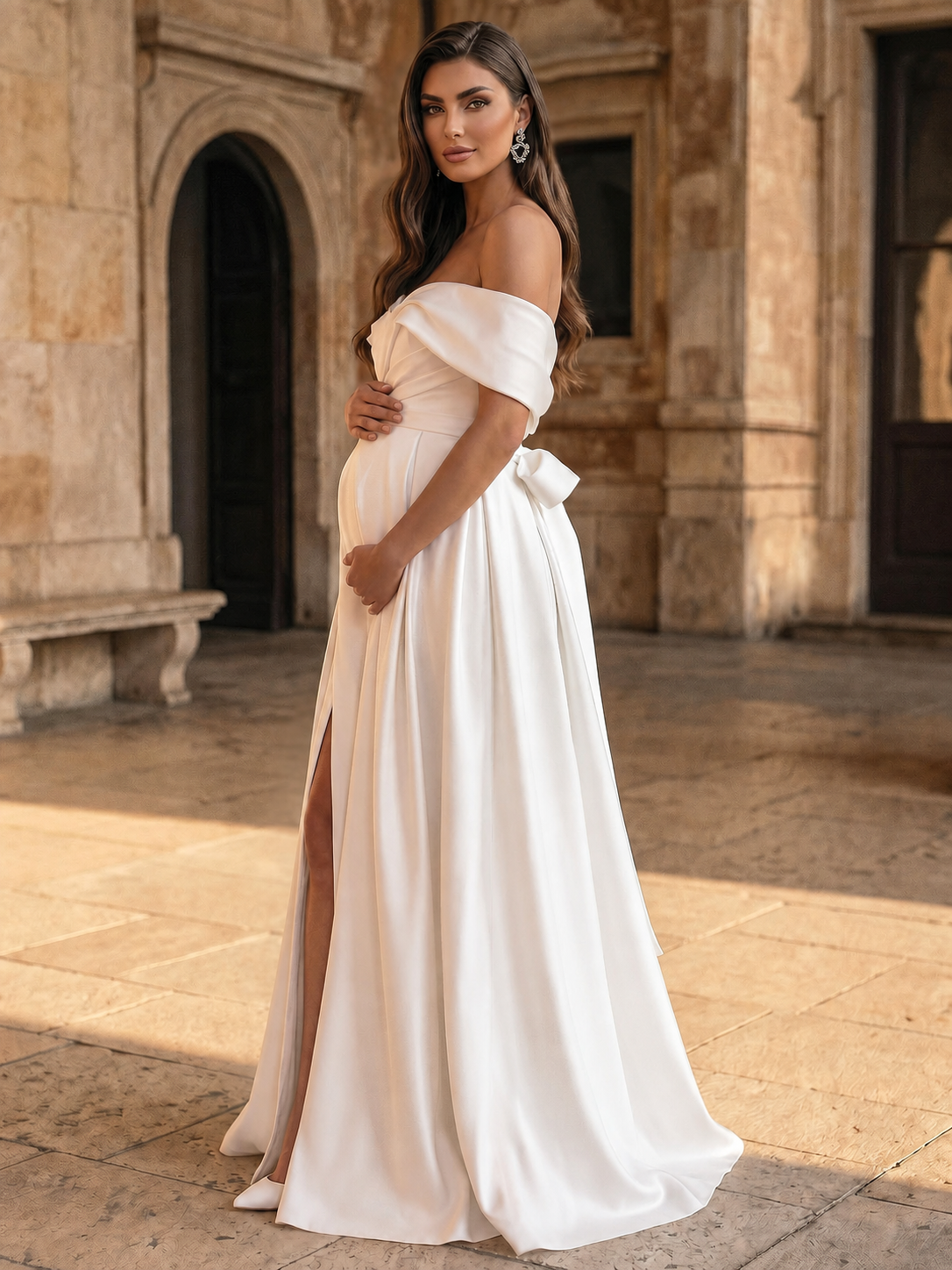 A-Line Satin Maternity Wedding Dresses Off-The-Shoulder With Bow High Split