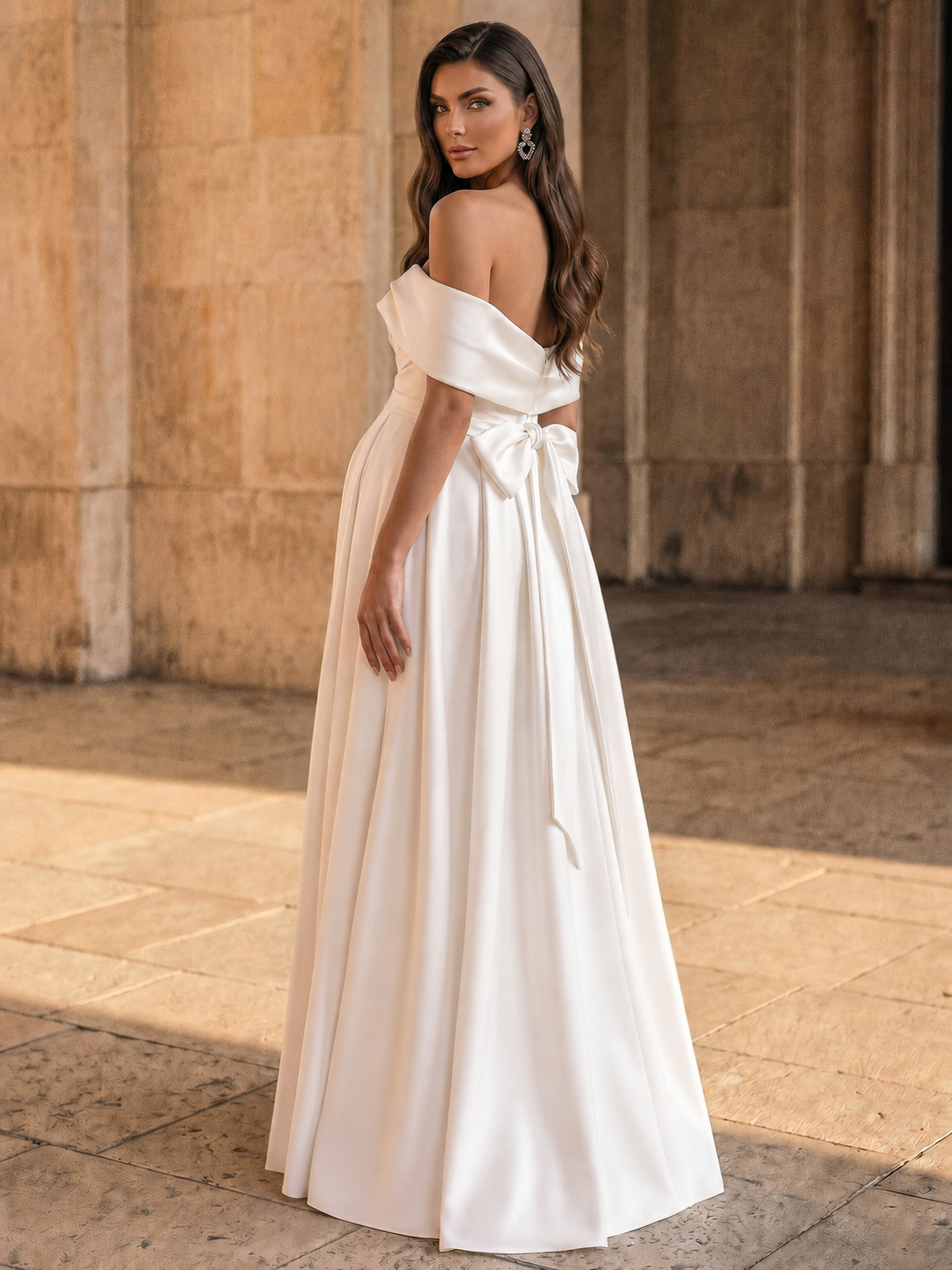 A-Line Satin Maternity Wedding Dresses Off-The-Shoulder With Bow High Split