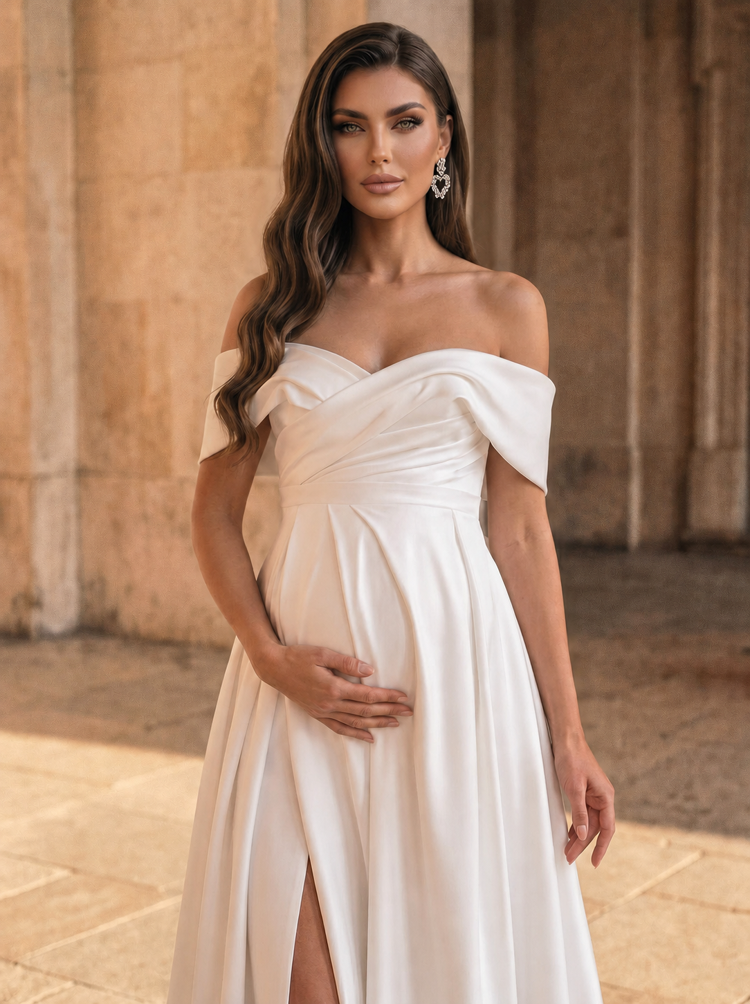 A-Line Satin Maternity Wedding Dresses Off-The-Shoulder With Bow High Split