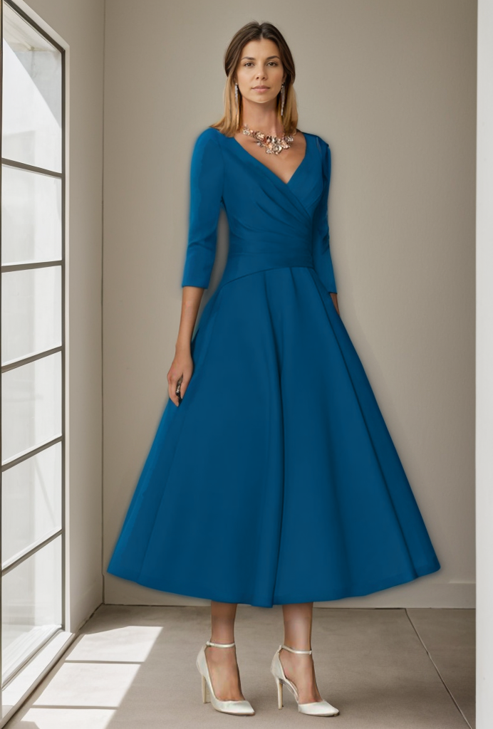 A-Line Mother of the Bride Dress Wedding Guest Elegant Vintage Plus Size V Neck Tea Length Satin 3/4 Length Sleeve Pleats