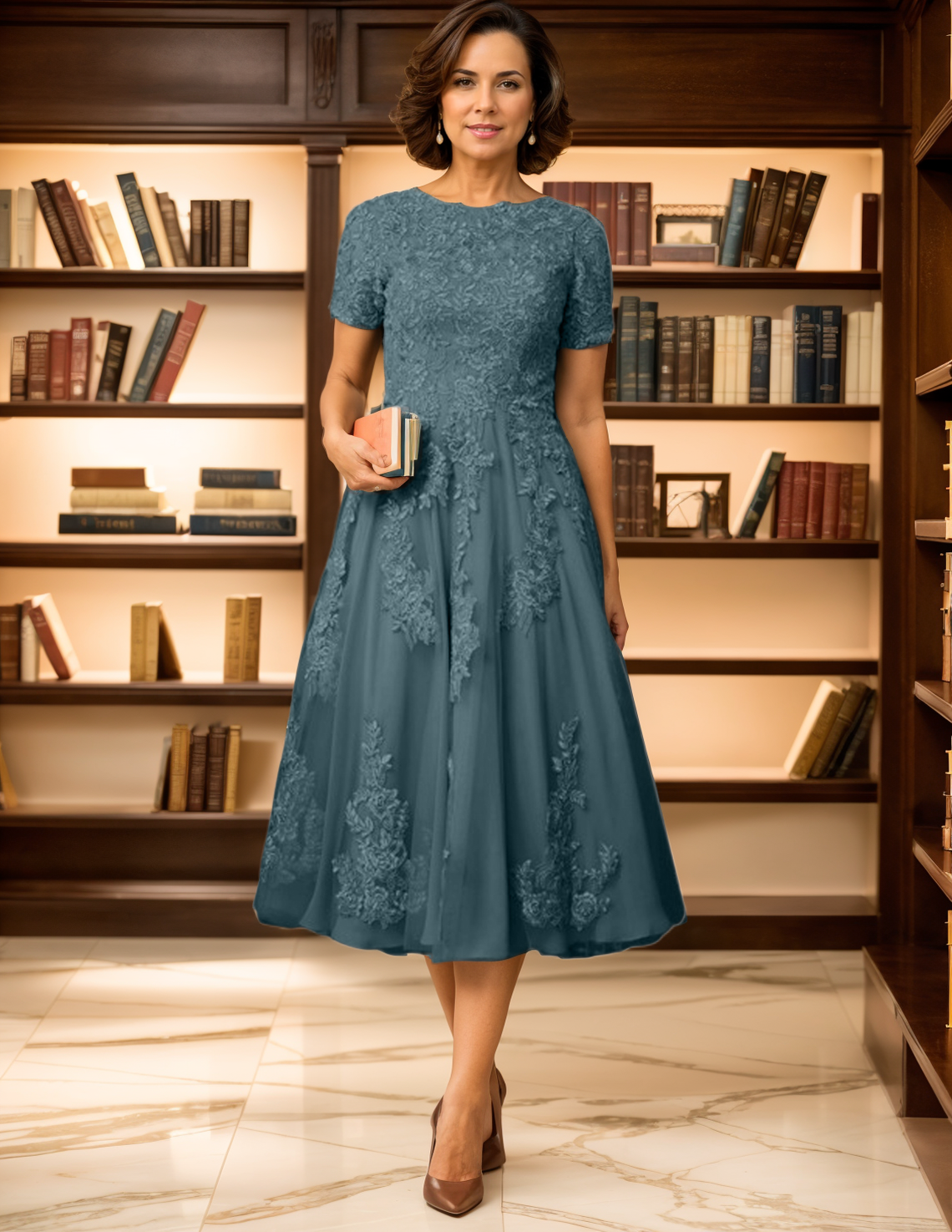 A-Line/Princess Elegant Tea Length Mother of the Bride Dresses with Appliques