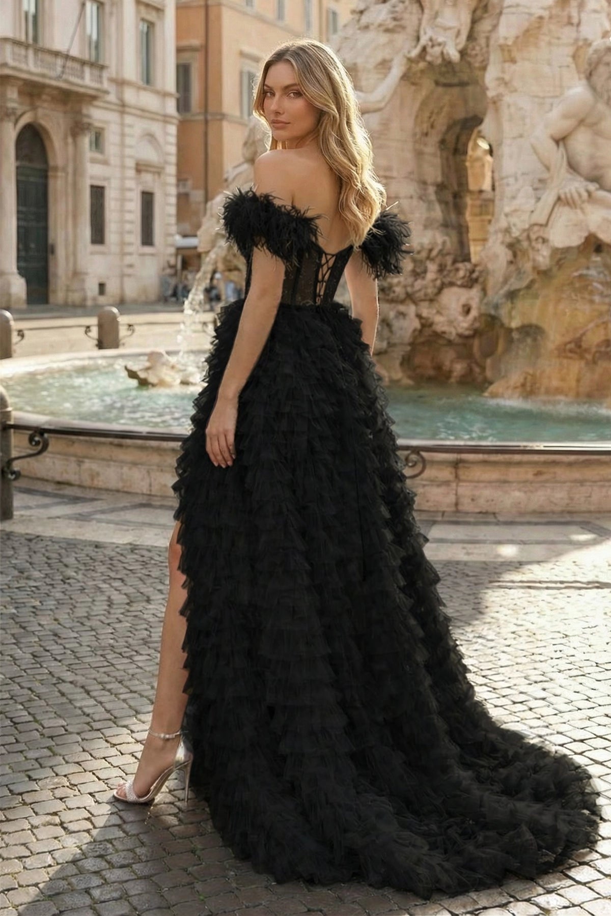 A Line Sweetheart Tiered Tulle Long Prom Dresses With Slit Evening Dresses, product image 7