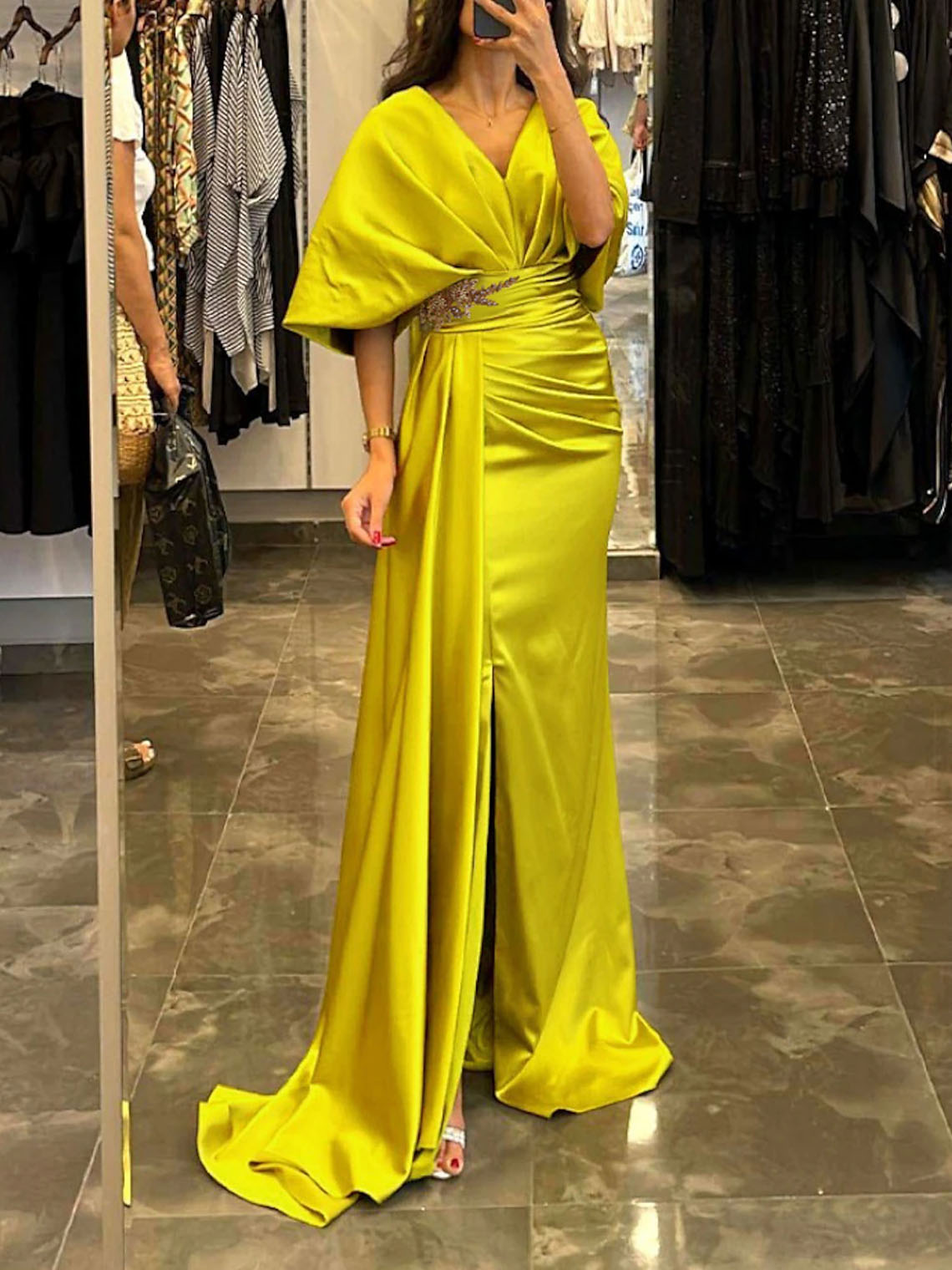 Sheath/Column Satin V Neck Half Sleeve with Pleats Long Evening Dress