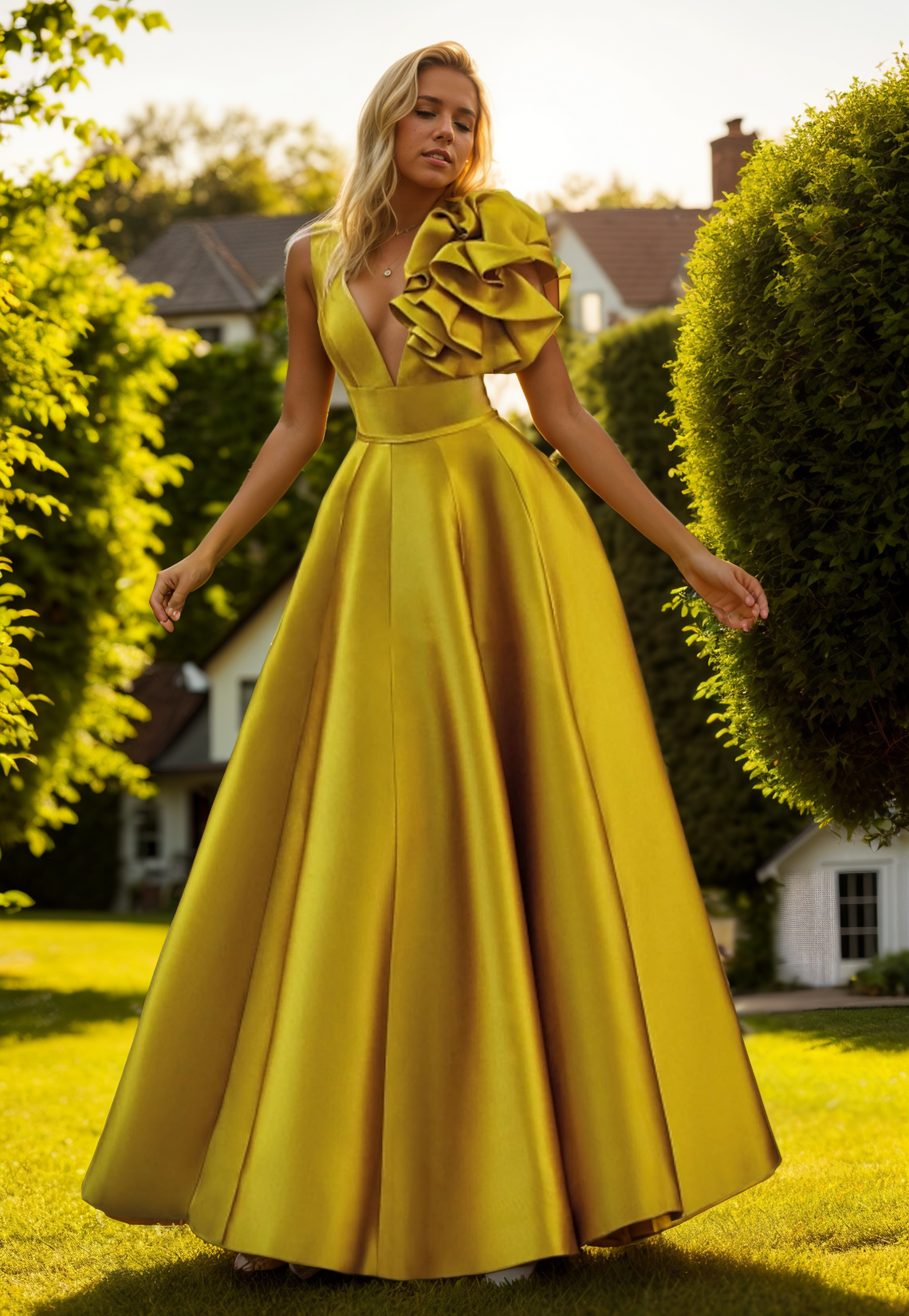 A-Line Evening Gown Prom Party Dress Floor Length Sleeveless V Neck Satin with Shouder Flower