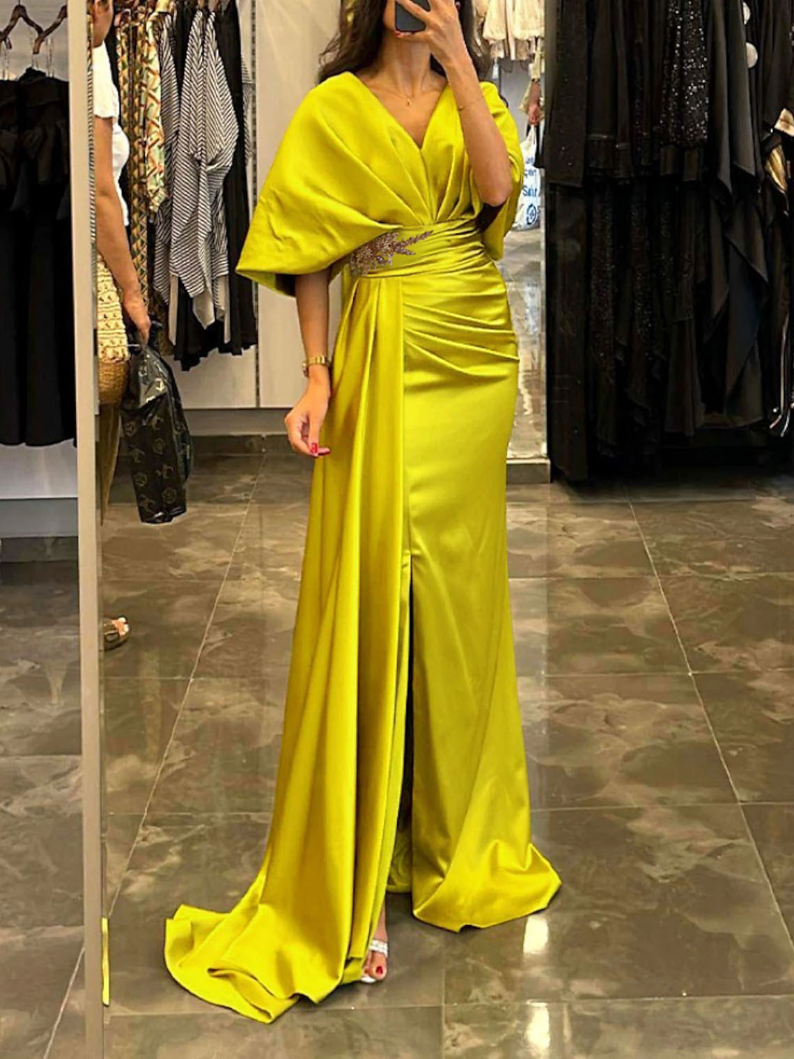 Sheath/Column Satin V Neck Half Sleeve with Pleats Long Evening Dress
