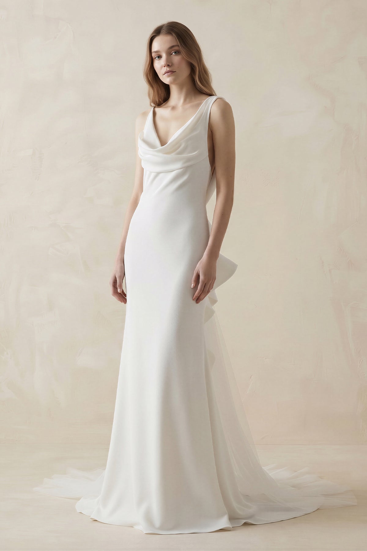 Mermaid Crepe Cowl Neck Wedding Dresses with Train in White in White, US2