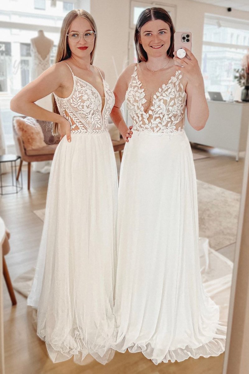 Simple White A-Line Boho Long Chiffon Wedding Dresses with Lace Appliques
