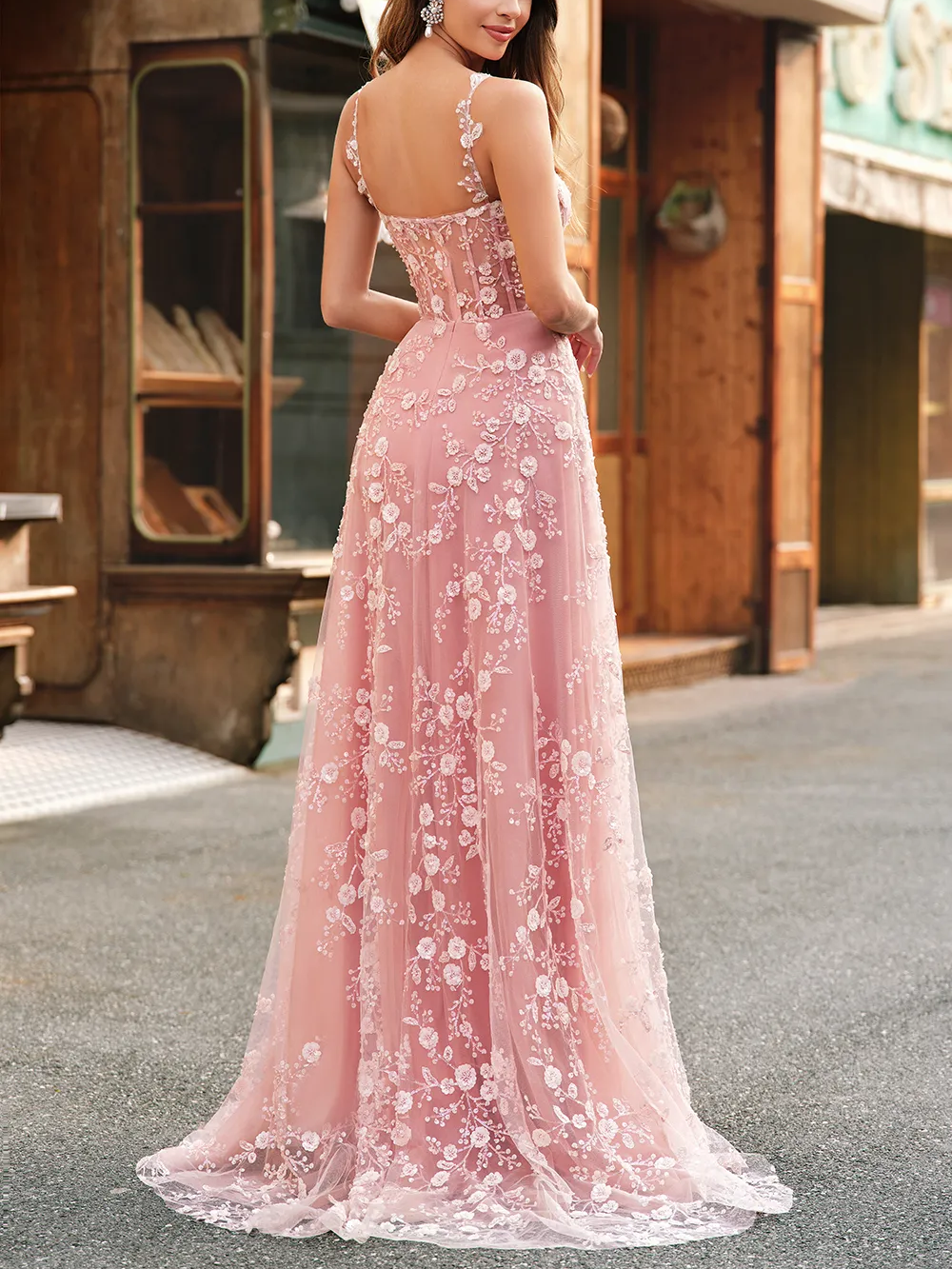 Princess Spaghetti Straps Appliques Long Corset Prom Dress