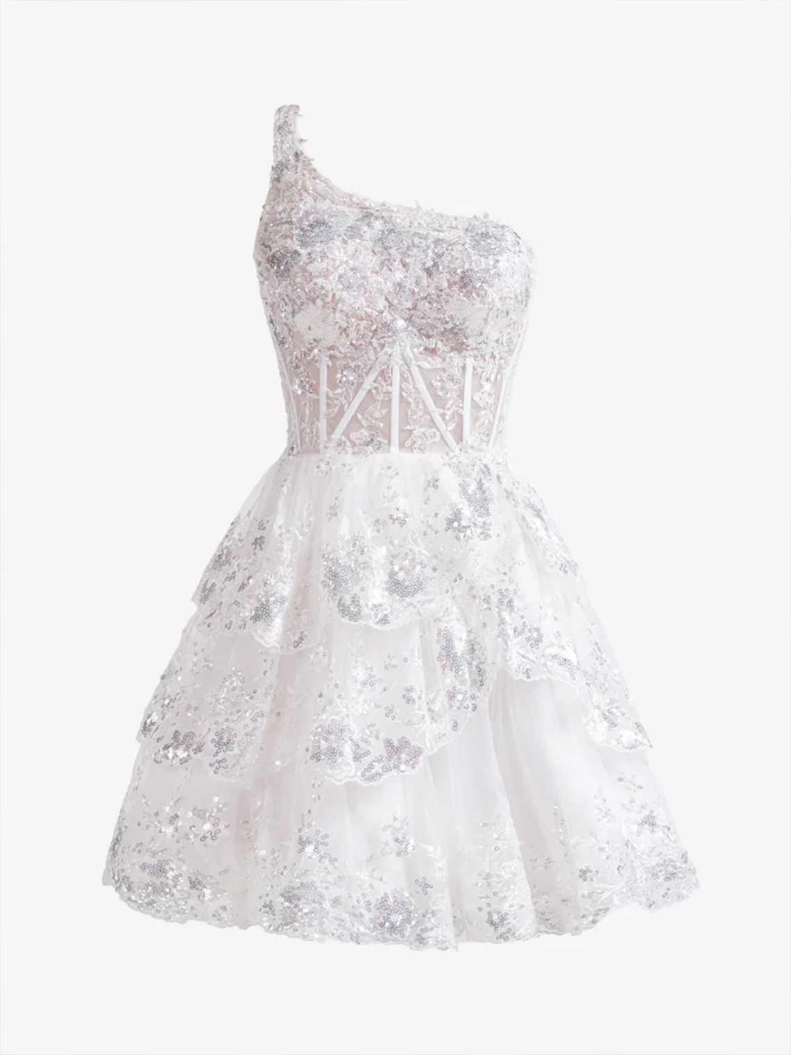 A-Line One Shoulder Navy Tiered Lace Short Homecoming Dress