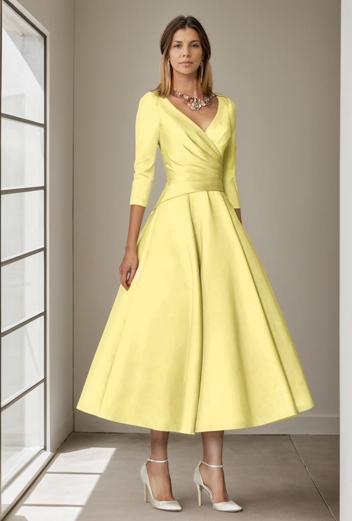 A-Line Mother of the Bride Dress Wedding Guest Elegant Vintage Plus Size V Neck Tea Length Satin 3/4 Length Sleeve Pleats